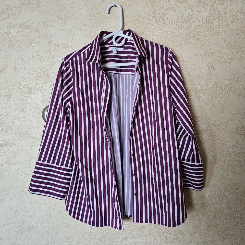 Chicos 2 No Iron Button Up Shirt mulberry/white  Chic Stretch Flip Cuff Collared